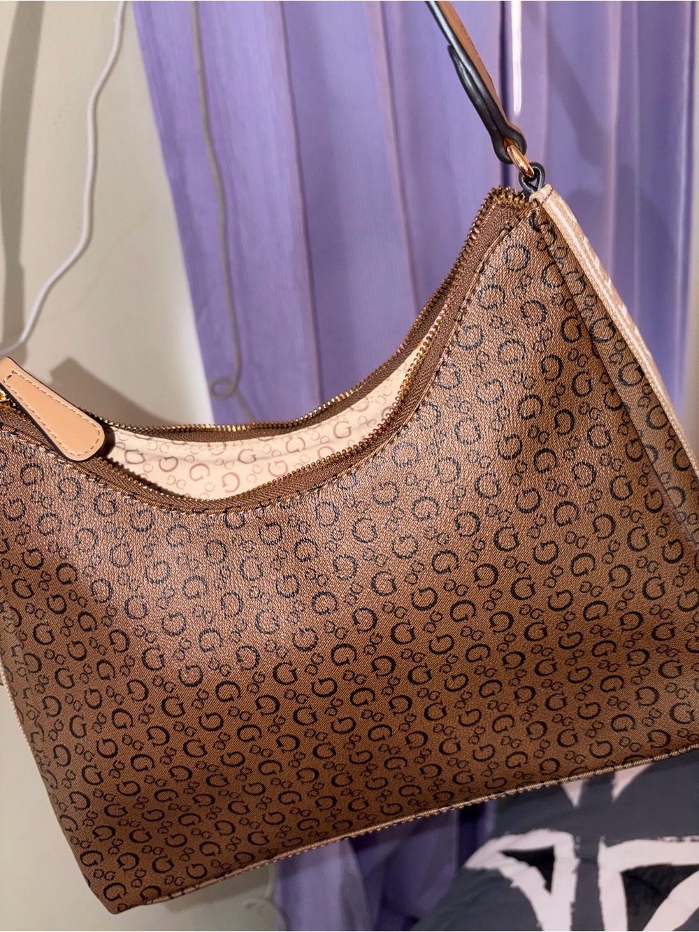 GUESS Brown Logo-Trim Shoulder Bag with White Accents